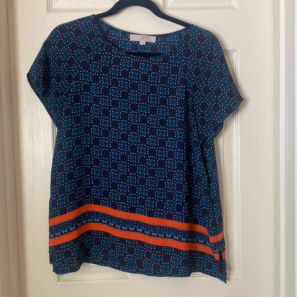 Loft blouse in blue block print with orange detail. Excellent condition